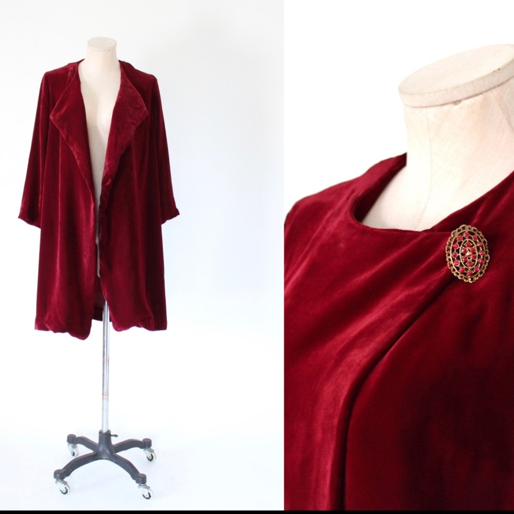 1930s vintage ruby red silk velvet draped coat
